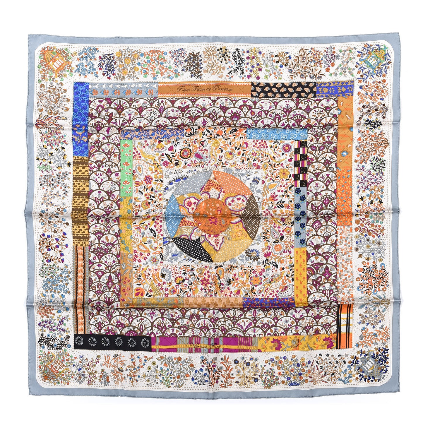 Silk Pique Fleuri de Provence Scarf 90 Gris Bleute Beige Orange