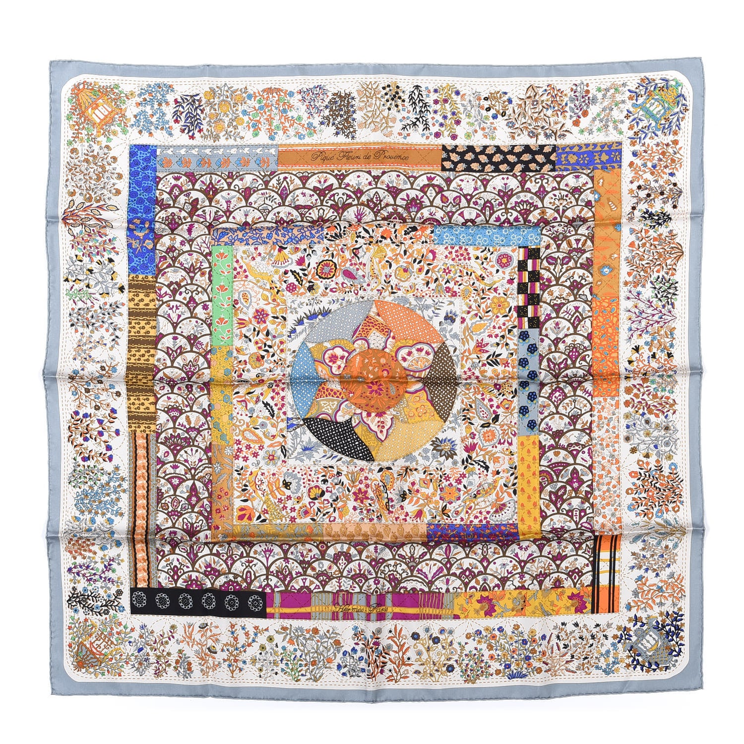 Hermes Silk Pique Fleuri de Provence Scarf 90 Gris Bleute Beige Orange 1 of 6