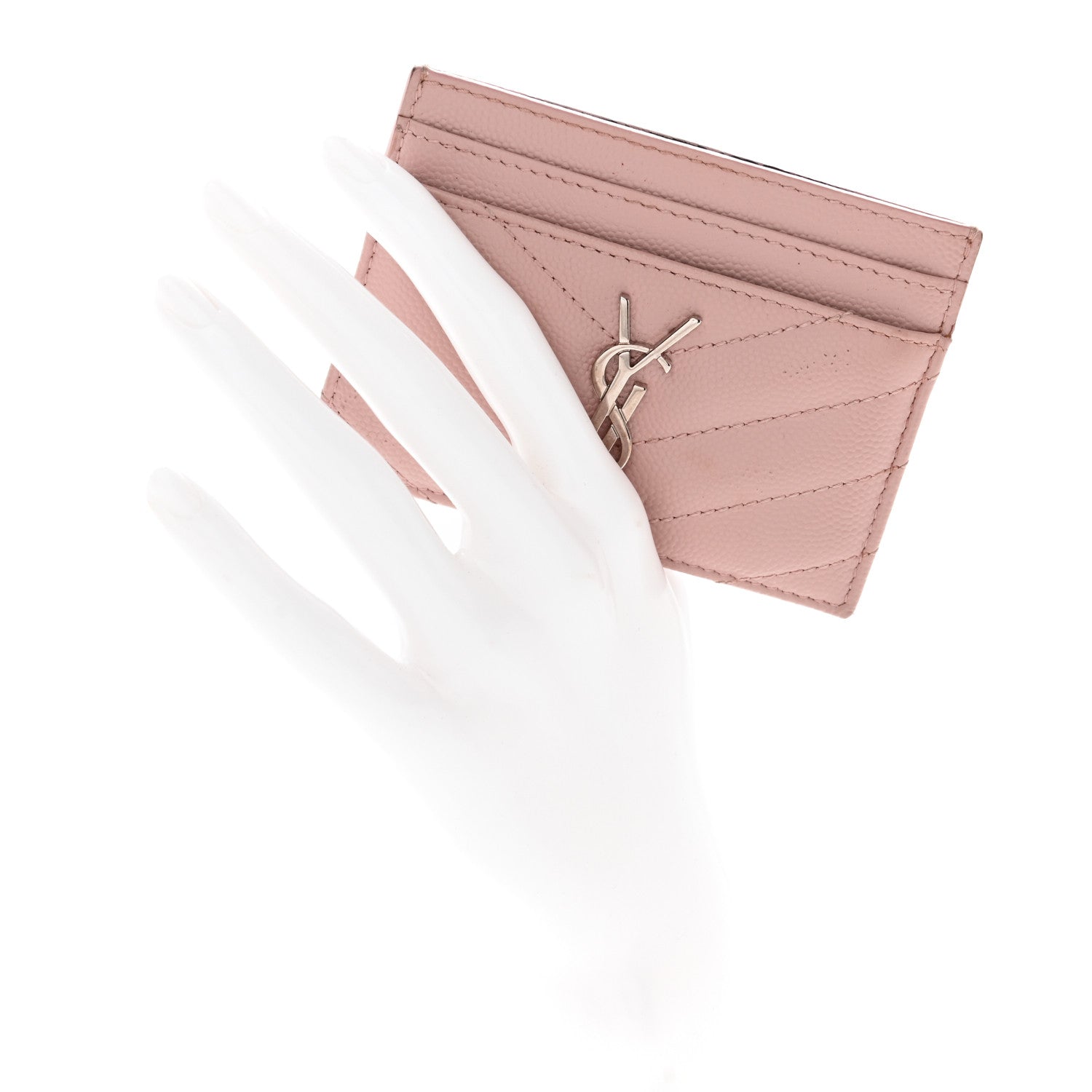 Saint Laurent Grain De Poudre Matelasse Chevron Monogram Credit Card Case Pale Pink 2 of 8
