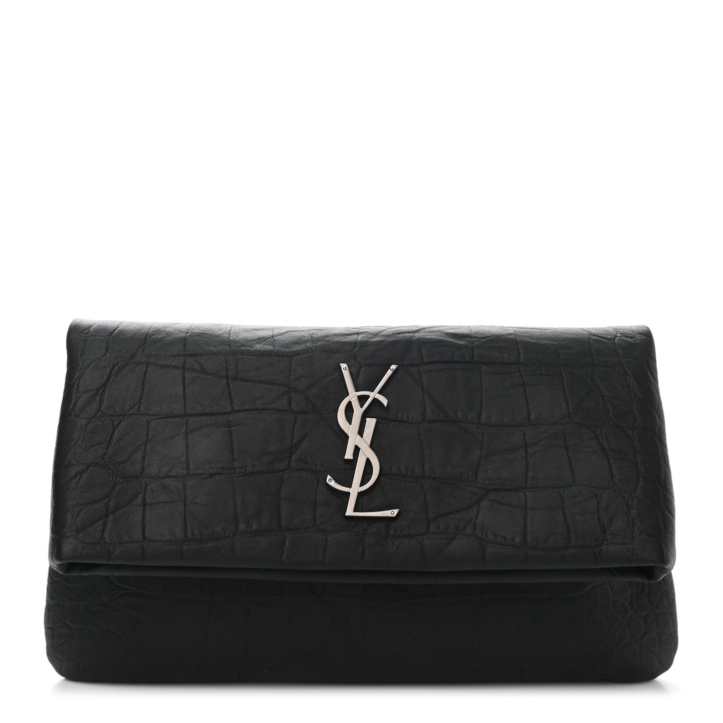 Calfskin Crocodile Embossed West Hollywood Monogram Fold Over Clutch Black