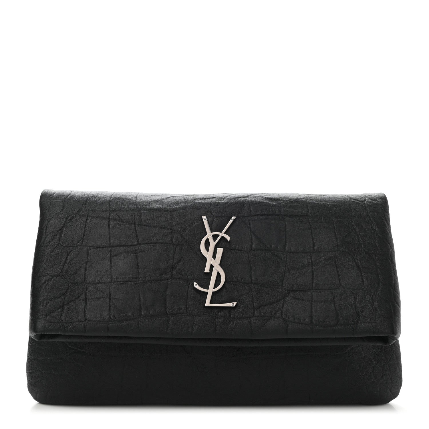 Saint Laurent Calfskin Crocodile Embossed West Hollywood Monogram Fold Over Clutch Black 1 of 6