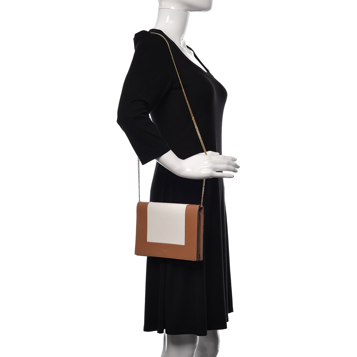 Celine Smooth Lambskin Frame Evening Chain Clutch Tan Optic White 2 of 12