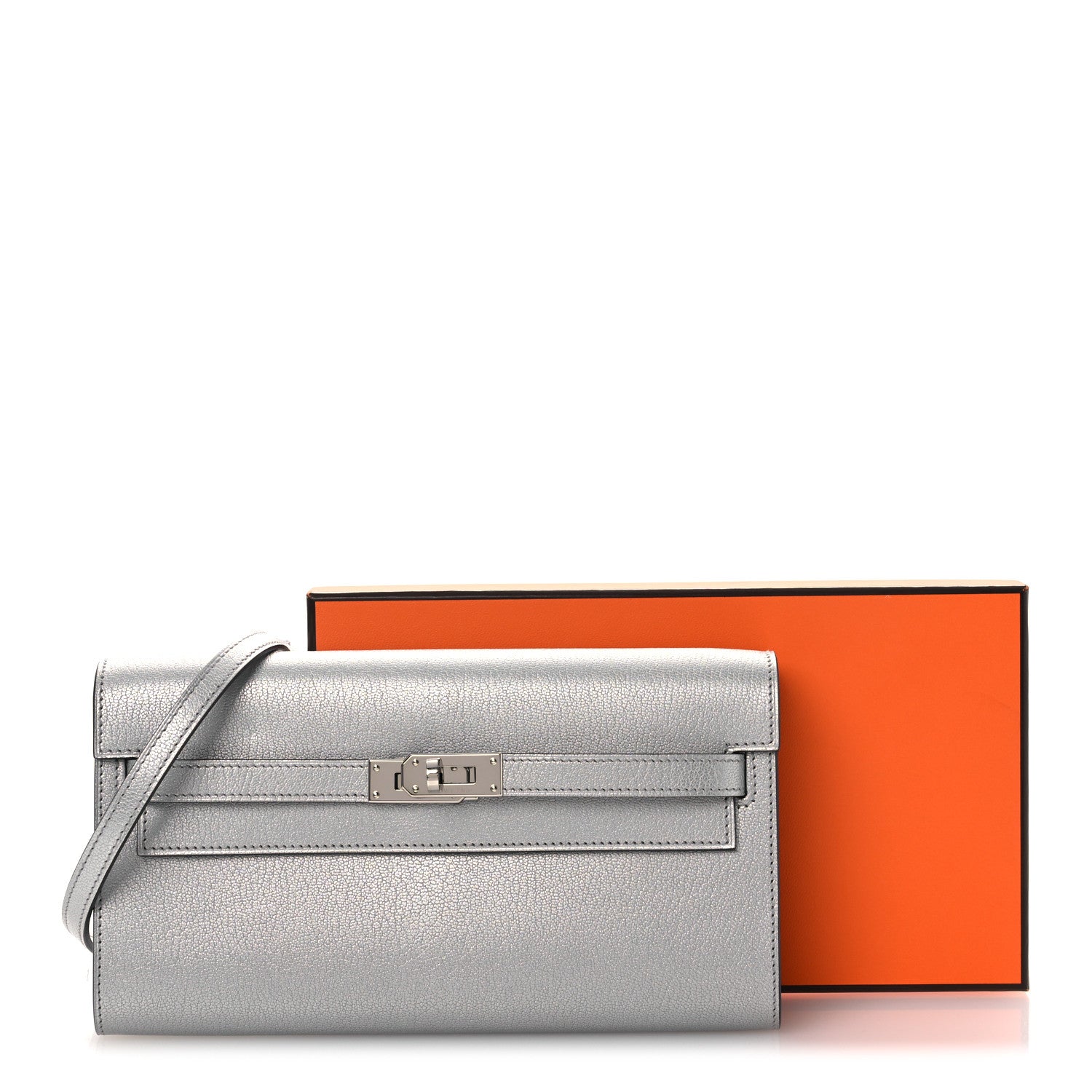 Hermes Metallic Chevre Chamkilight Kelly Wallet To Go Argent