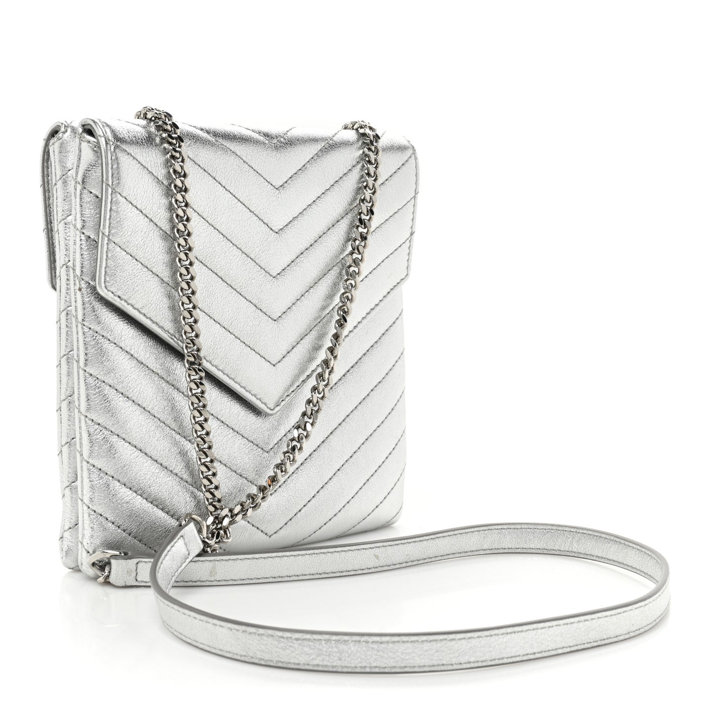 Metallic Lambskin Quilted Double Flap Bag Silver