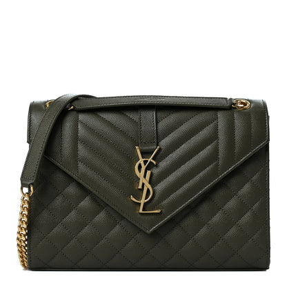 Saint Laurent Grain De Poudre Textured Mixed Matelasse Triquilt Medium Monogram Satchel Army Green 1 of 7