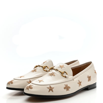 Gucci Goatskin Bee Star Embroidered Womens Jordaan Loafers 39.5 Mystic White 3 of 10