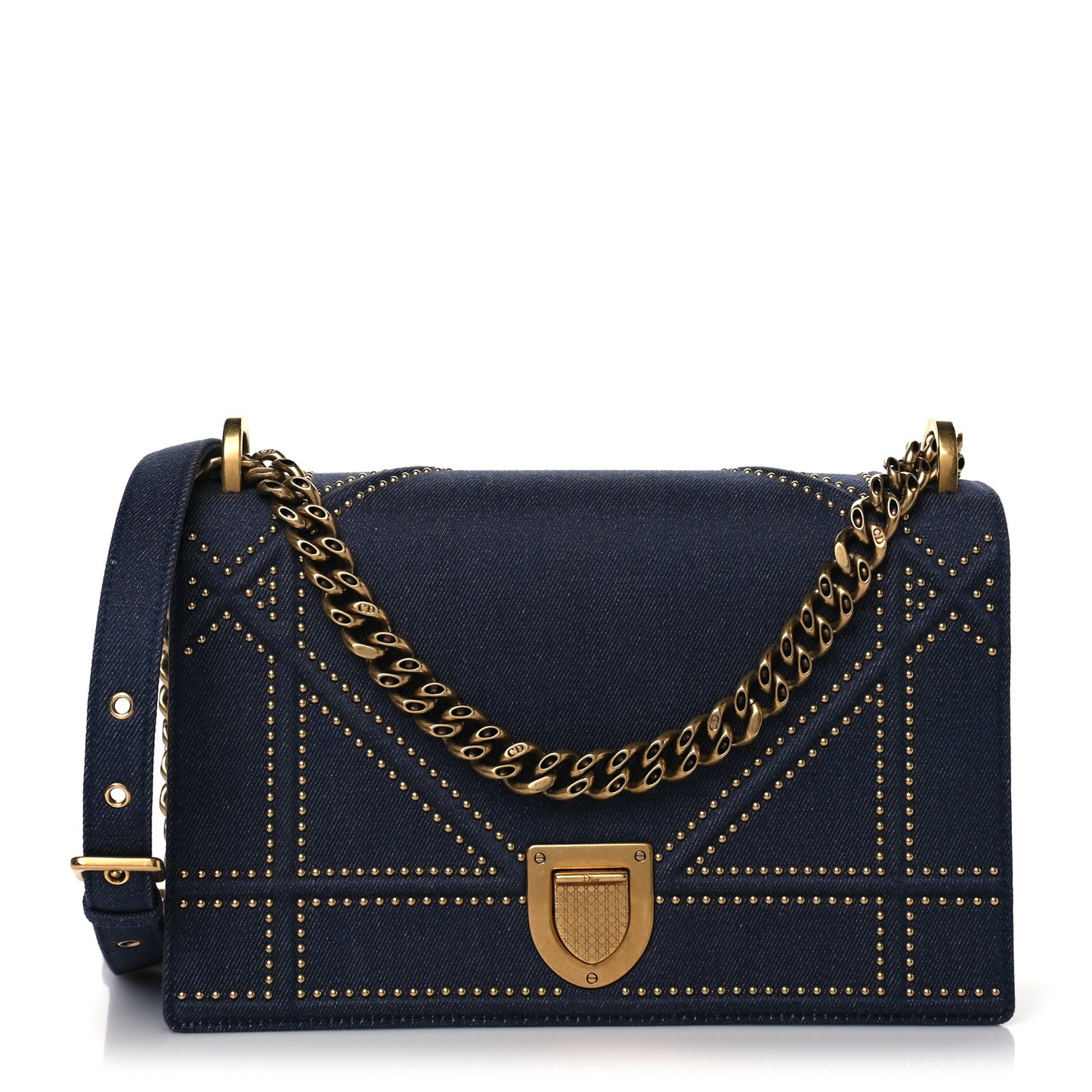 Denim Studded Medium Diorama Flap Bag Blue