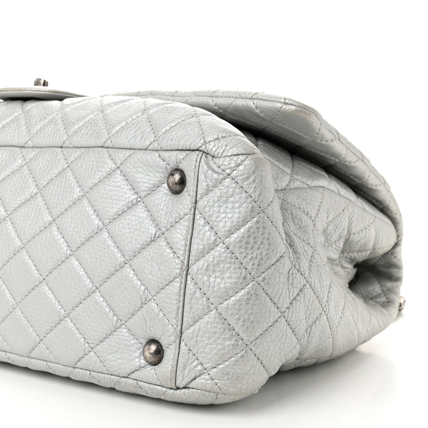 Metallic Calfskin Quilted XXL Travel Flap Bag Silver