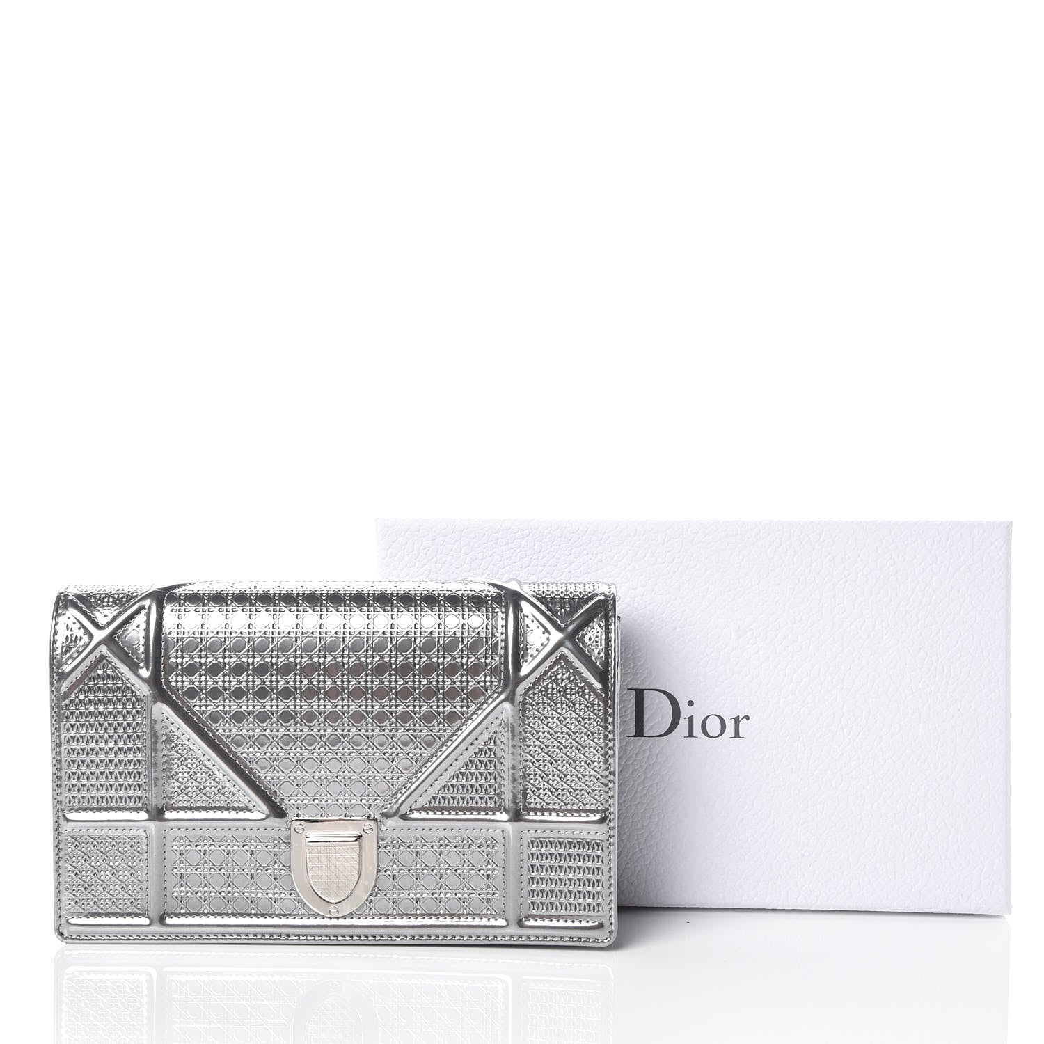 Christian Dior Metallic Patent Micro-Cannage Diorama Wallet on Chain Pouch Silver 11 of 11