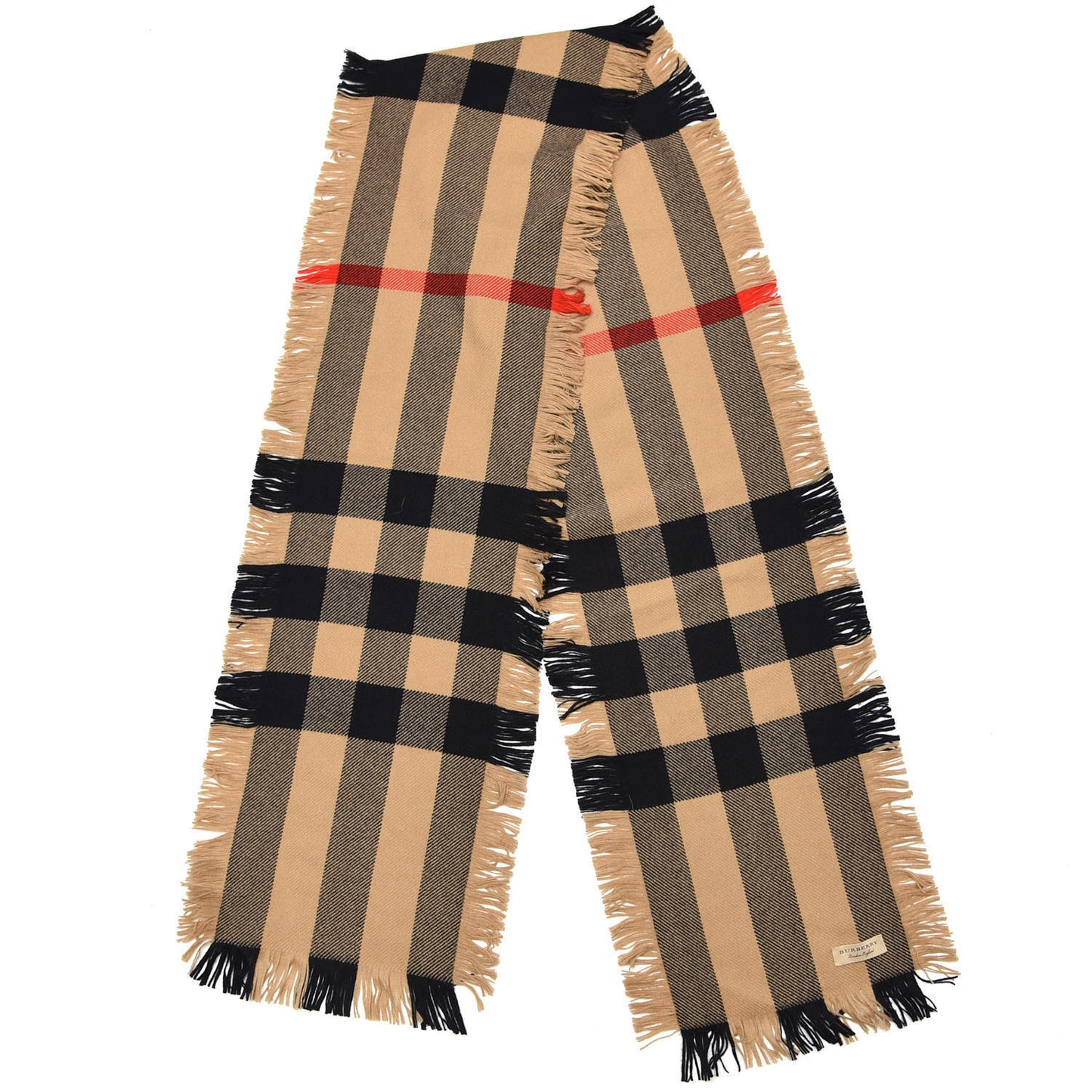 Wool Half Mega Check Fringe Scarf Camel
