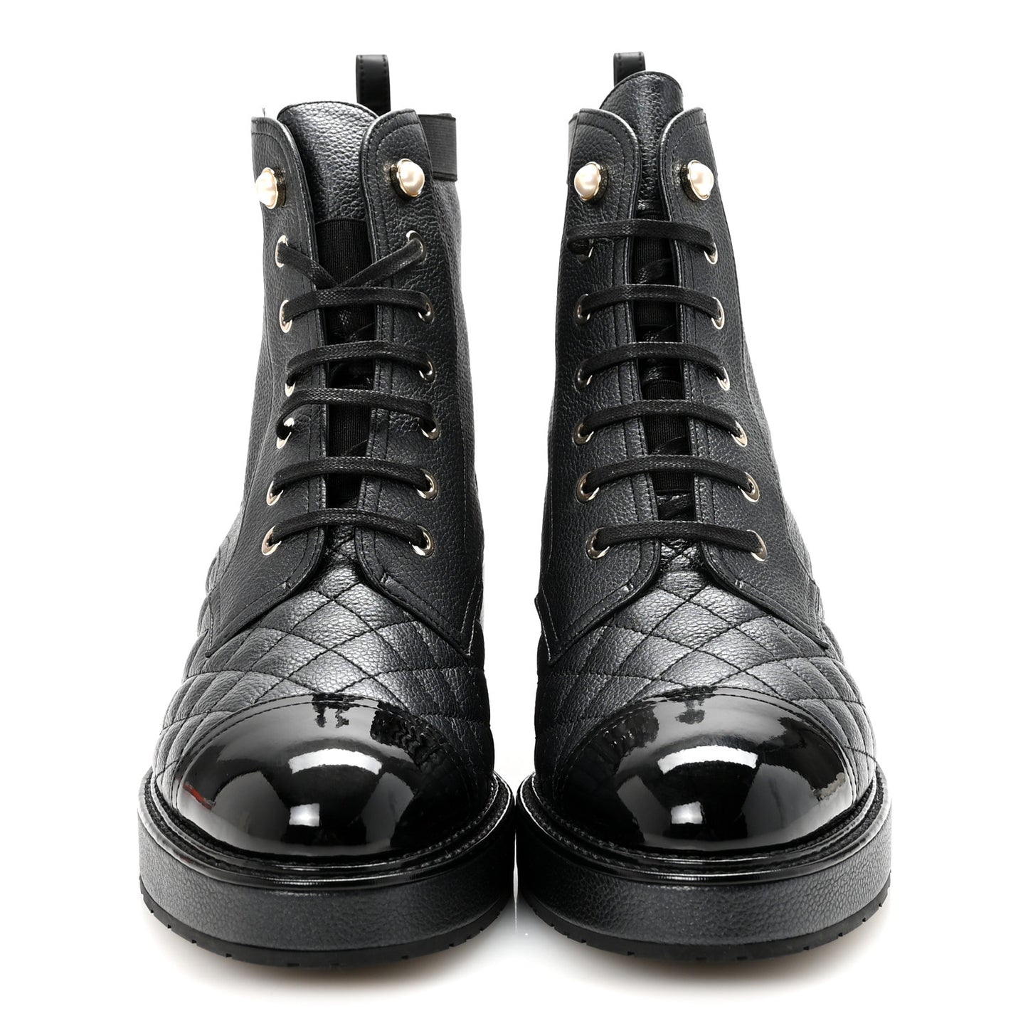 Pearly Calfskin Patent Calfskin Lace Up Combat Boots 41 Black