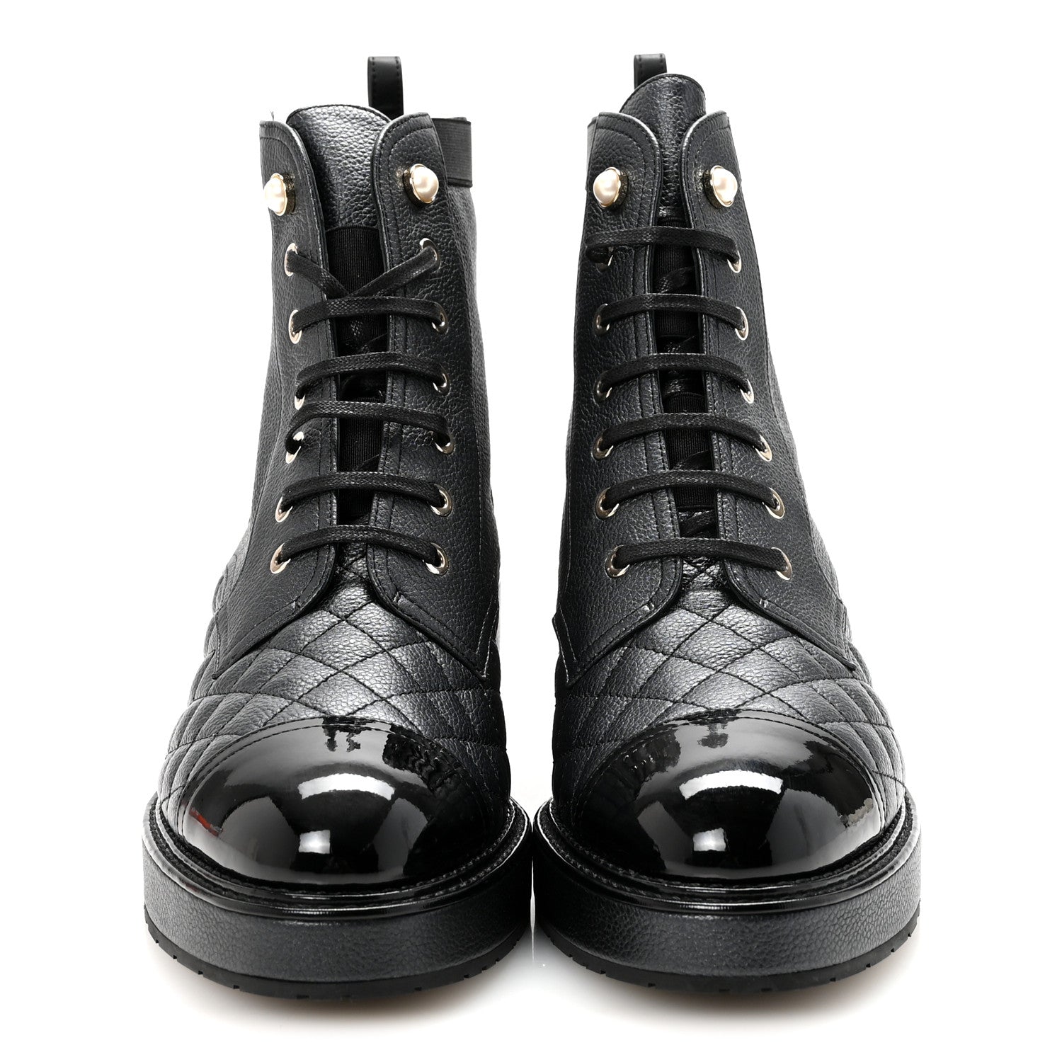 Chanel Pearly Calfskin Patent Calfskin Lace Up Combat Boots 41 Black 3 of 9