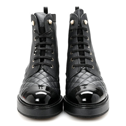 Chanel Pearly Calfskin Patent Calfskin Lace Up Combat Boots 41 Black 3 of 9