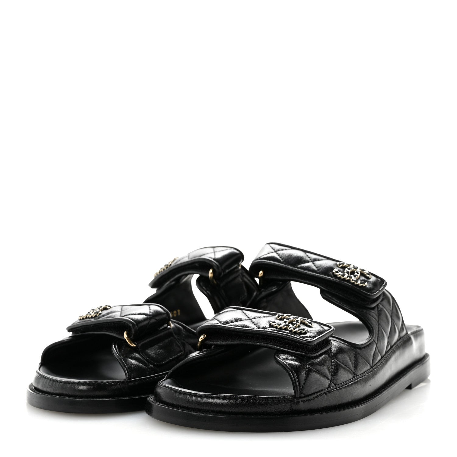 Chanel Lambskin Quilted Velcro Dad Chain CC Slide Sandals 37 Black 4 of 9
