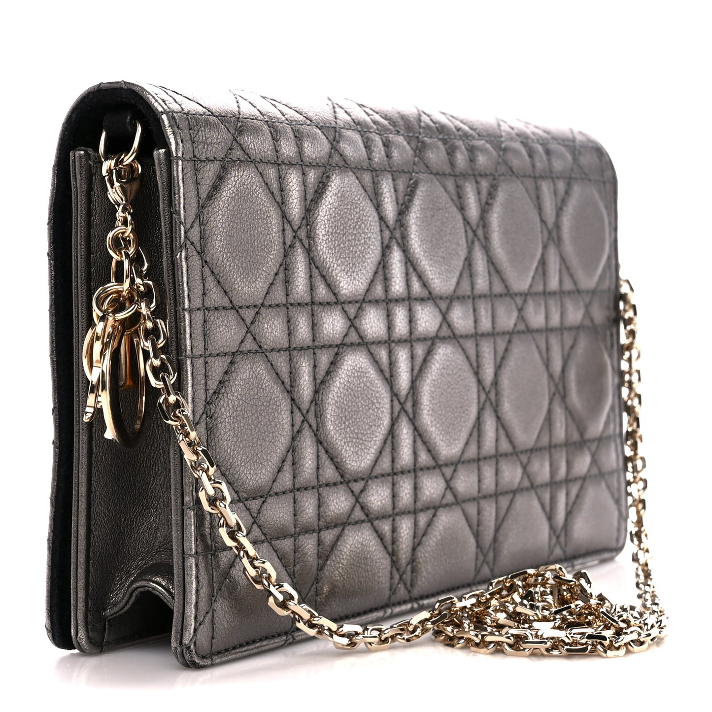 Metallic Calfskin Cannage Lady Dior Convertible Clutch Gunmetal