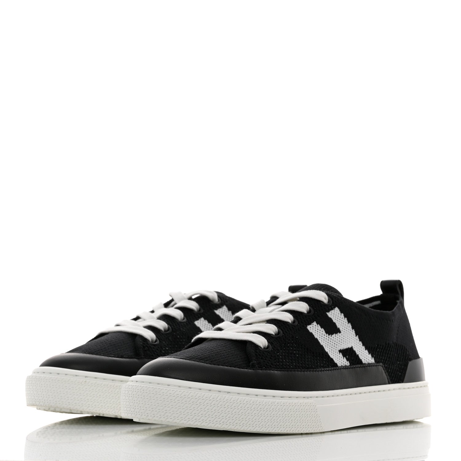 Hermes Knit Fabric Calfskin Deep Sneakers 38.5 Black White 3 of 9