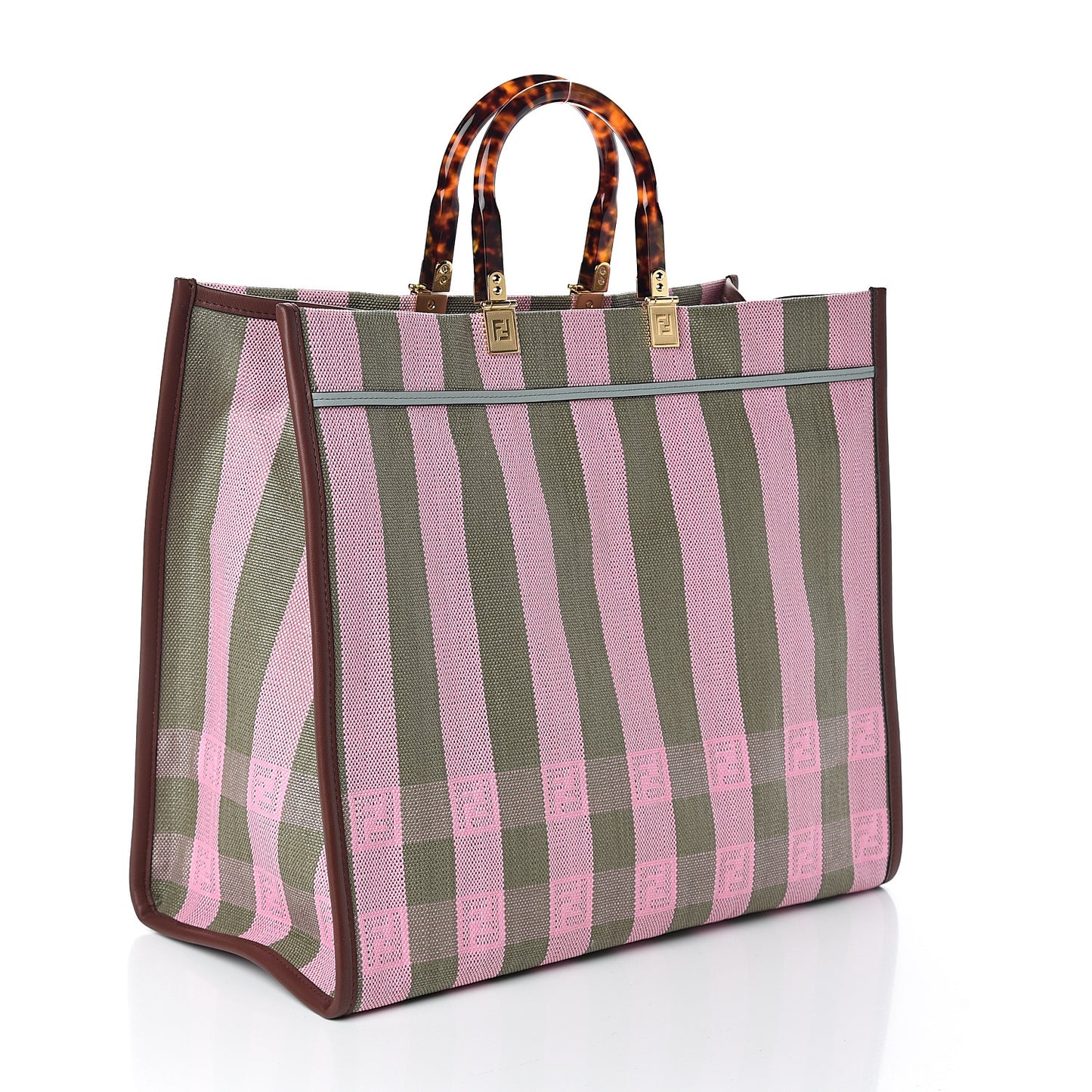 Raffia Vitello Seta Plexiglass Pequin Gingham Woven Large Fendi Sunshine Shopper Tote Military Rosa