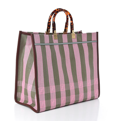 Fendi Raffia Vitello Seta Plexiglass Pequin Gingham Woven Large Fendi Sunshine Shopper Tote Military Rosa 2 of 8