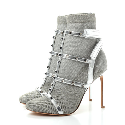 Valentino Garavani Metallic Nappa Knit Rockstud Bodytech Sock Booties 40 Silver 3 of 9