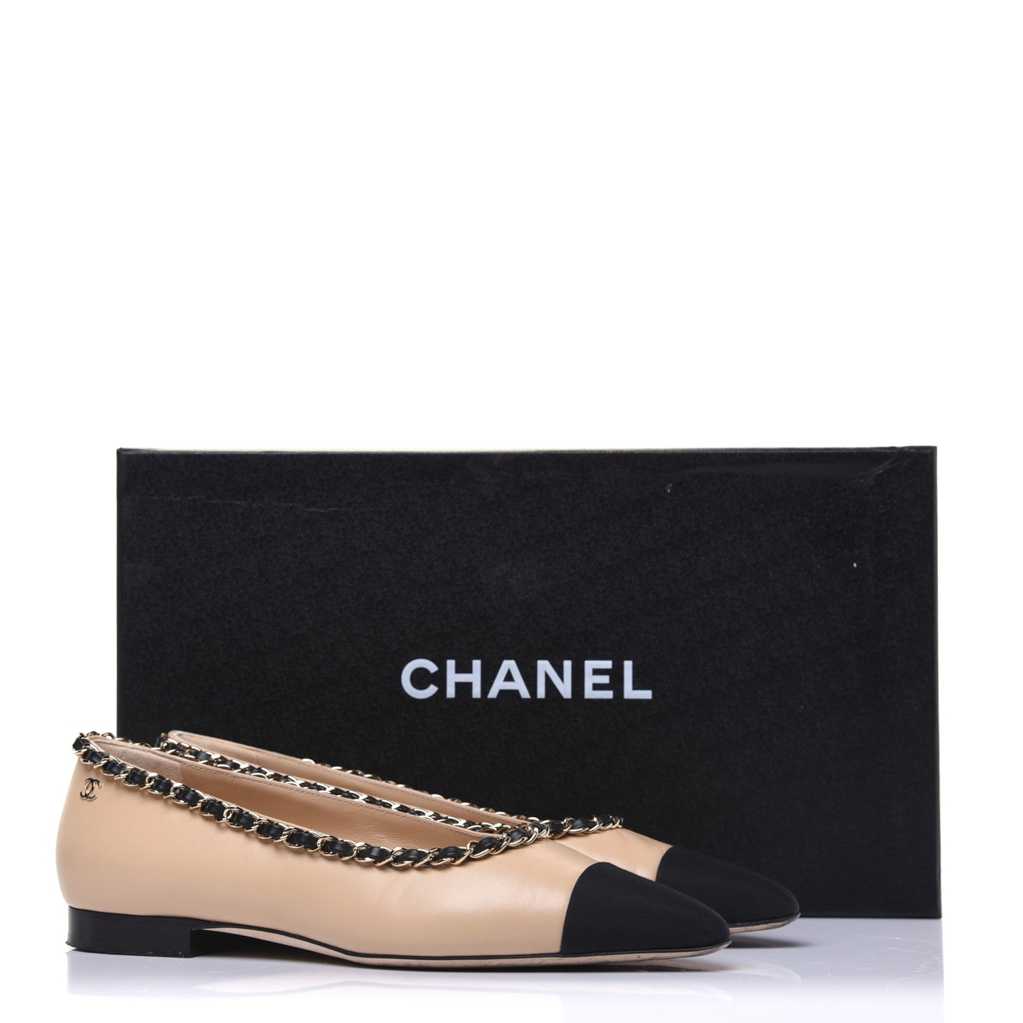 Lambskin Grosgrain Chain Cap Toe Flats 36 Beige Black