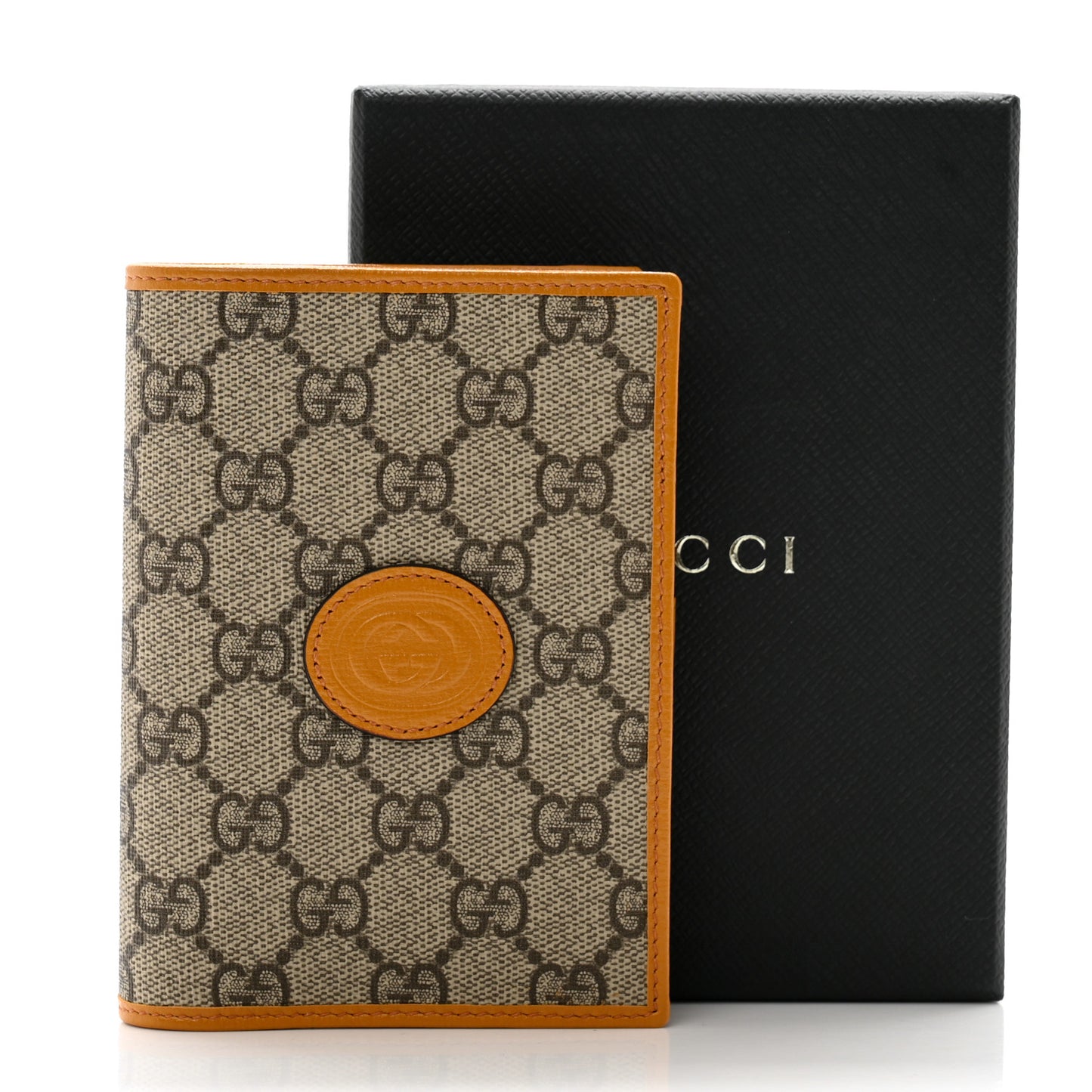 GG Supreme Monogram Textured Calfskin Retro Interlocking G Passport Case Beige Yellow