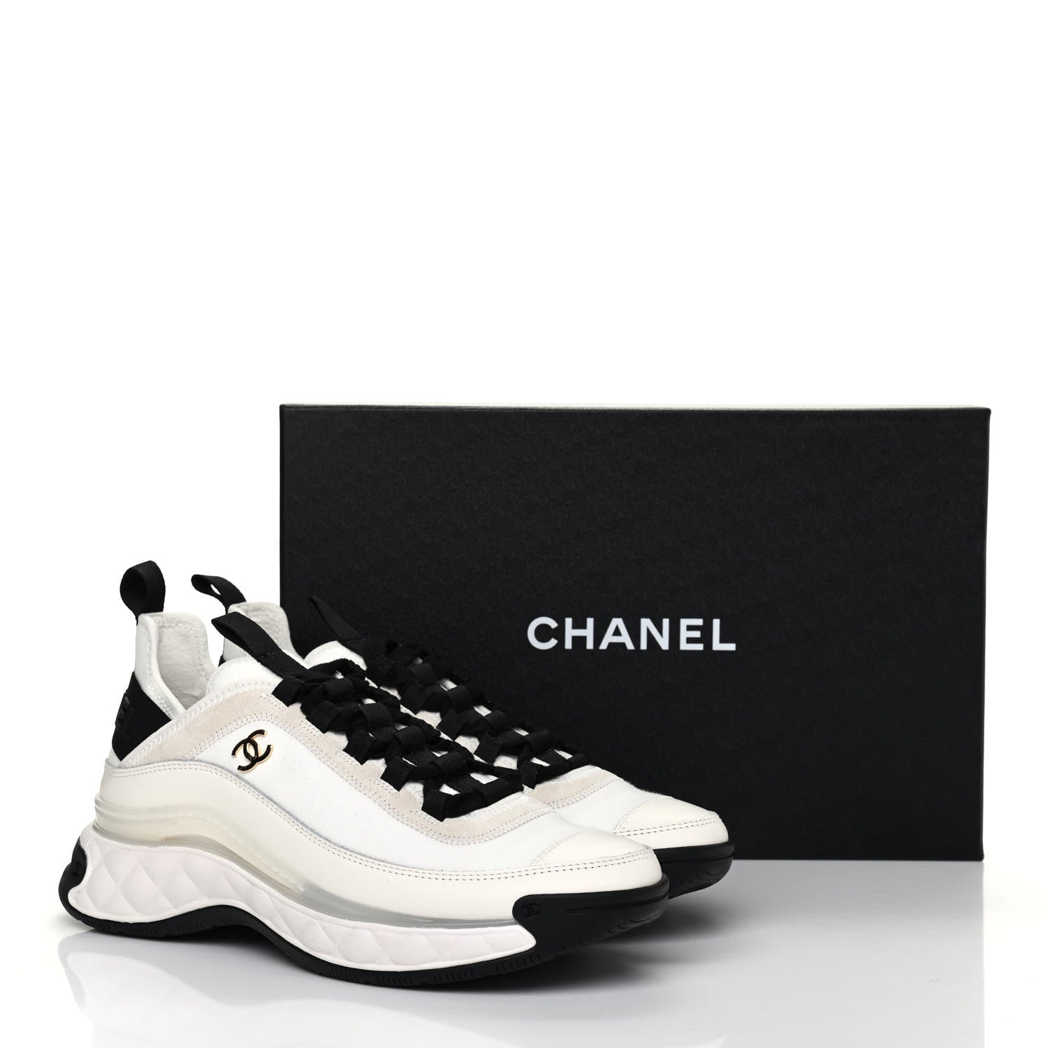 Chanel Velvet Calfskin Mixed Fibers CC Sneakers 37.5 Ivory Black 10 of 10