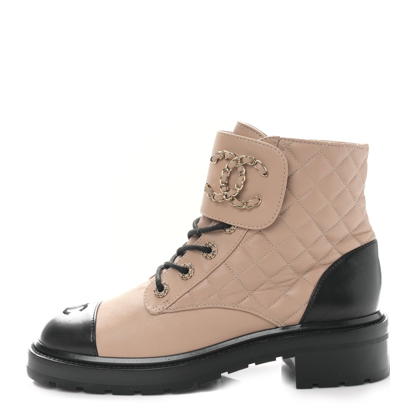 Shiny Lambskin Quilted Lace Up Combat Boots 40.5 Beige Black