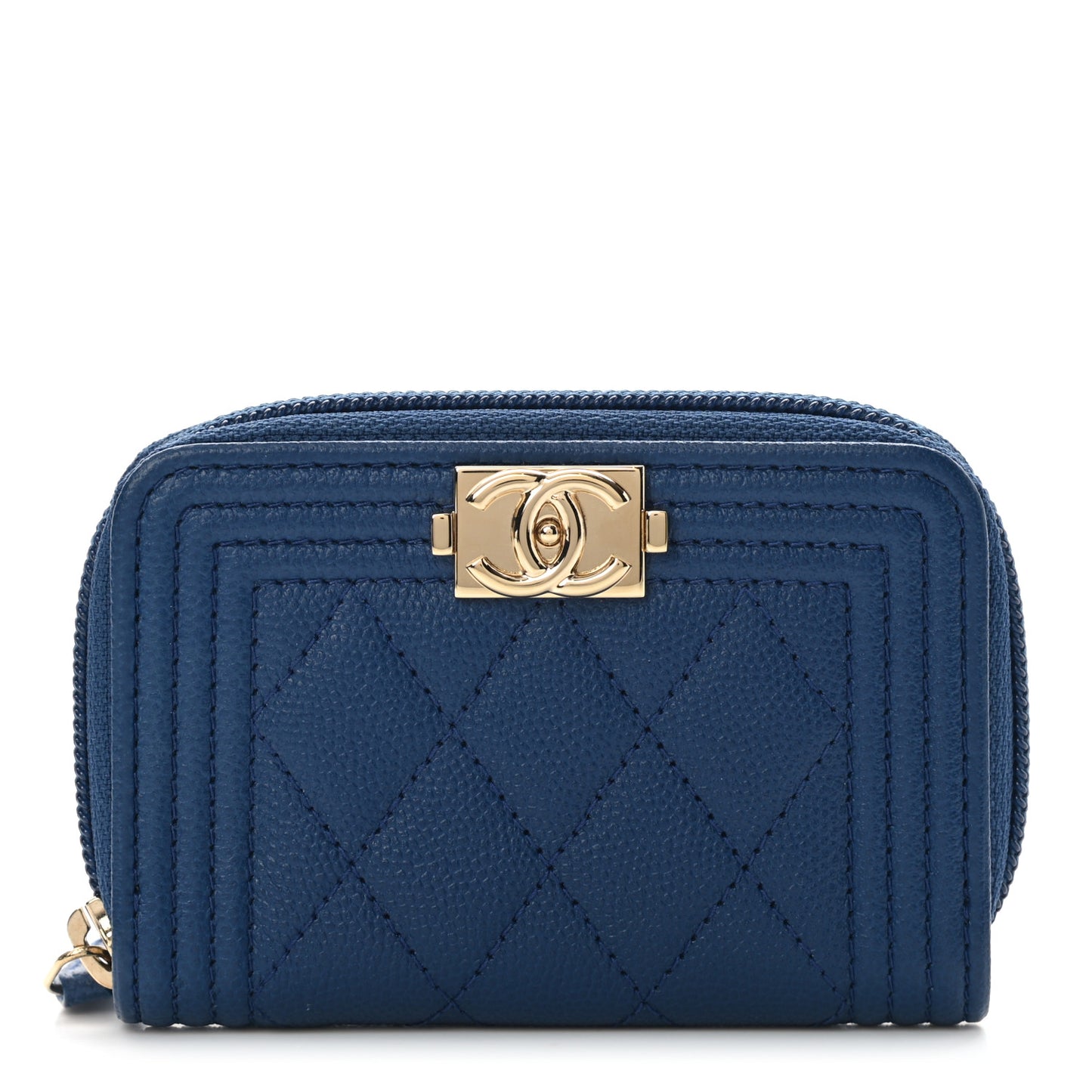 Caviar Quilted Boy Zip Around Coin Purse Wallet Dark Blue