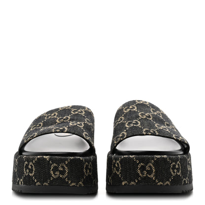 Gucci Jacquard Black Denim GG Monogram Angelina Platform 55mm Slide Sandals 38.5 Black Ivory 3 of 10