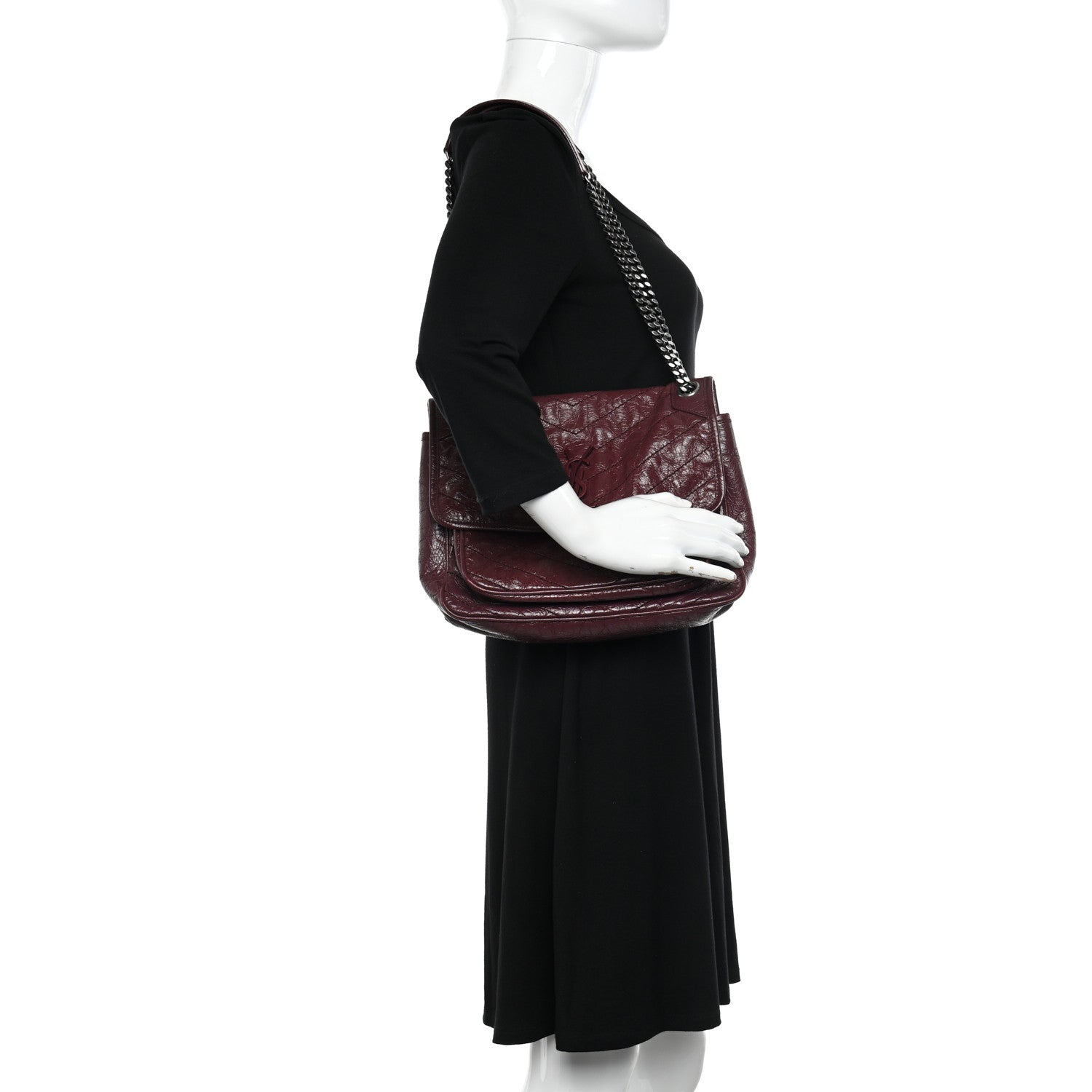 Saint Laurent Crinkled Calfskin Matelasse Monogram Medium Niki Chain Satchel Rouge Legion 2 of 10