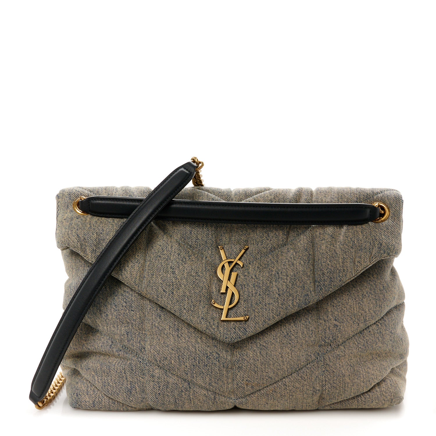 Saint Laurent Denim Quilted Medium Loulou Puffer Monogram Chain Satchel Blue Black 1 of 10