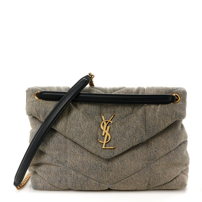 Saint Laurent Denim Quilted Medium Loulou Puffer Monogram Chain Satchel Blue Black 1 of 10