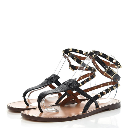 Valentino Garavani Calfskin Rockstud Ankle Wrap Flat Thong Sandals 38.5 Black 3 of 8
