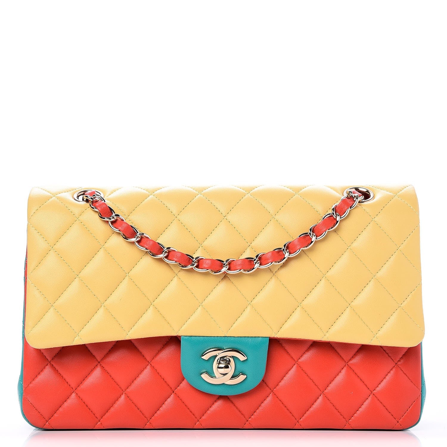 Chanel Lambskin Quilted Tri-Color Medium Double Flap Jaune Rouge Turquoise 1 of 8