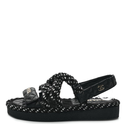 Chanel Cord Lambskin Quilted Logo Sandals 36 Black White 1 of 7