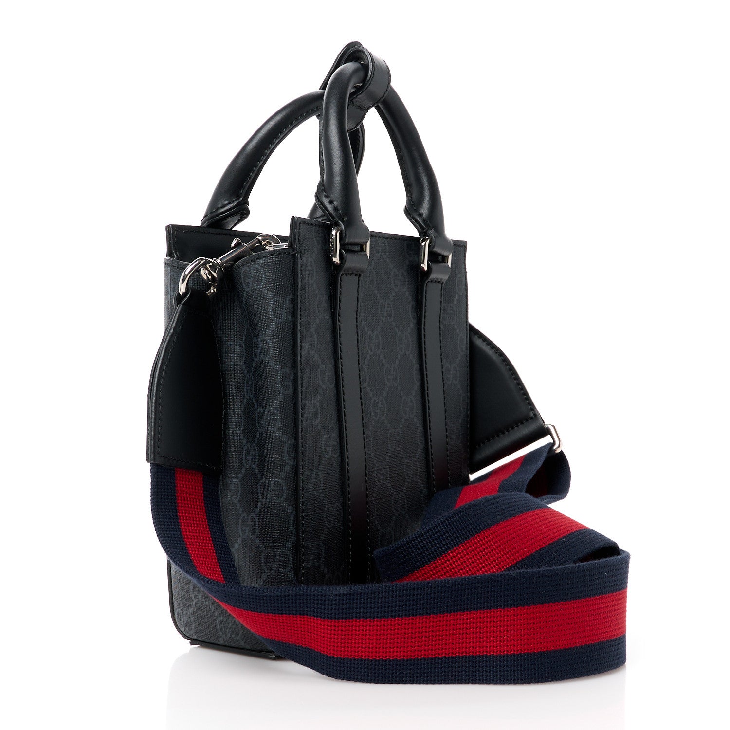 Gucci GG Supreme Monogram Appia Calfskin Web Mini Tote Bag Black 3 of 11
