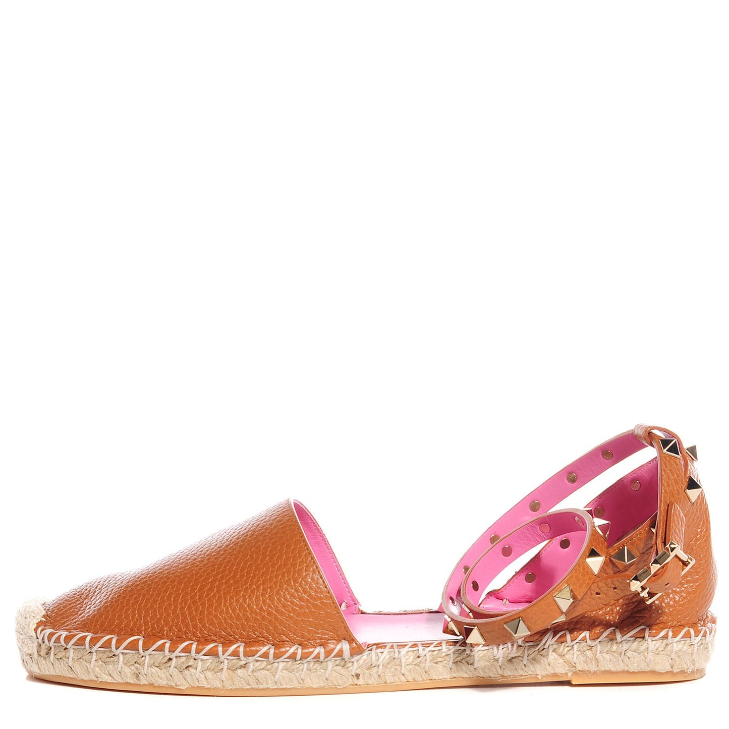 Grained Calfskin Rockstud Ankle Wrap Espadrille Flats 41 Light Cuir