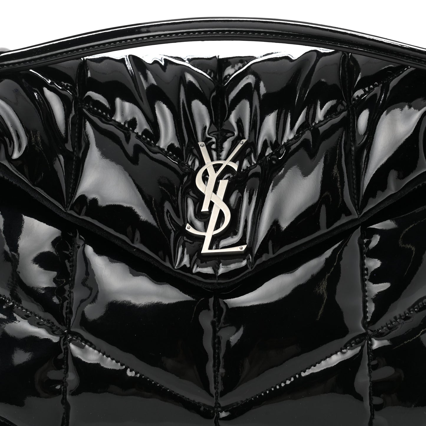 Patent Lambskin Quilted Medium Loulou Puffer Monogram Chain Satchel Black
