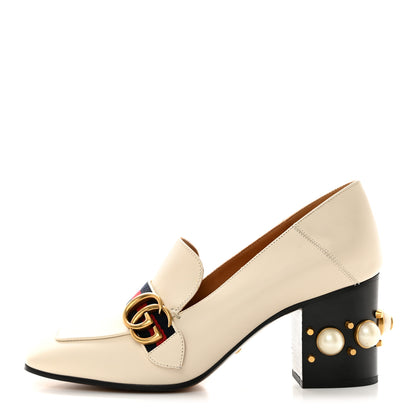 Gucci Betis Glamour Calfskin Web Pearl Embellished Peyton 75mm Loafer Pumps 40 Mystic White 1 of 9