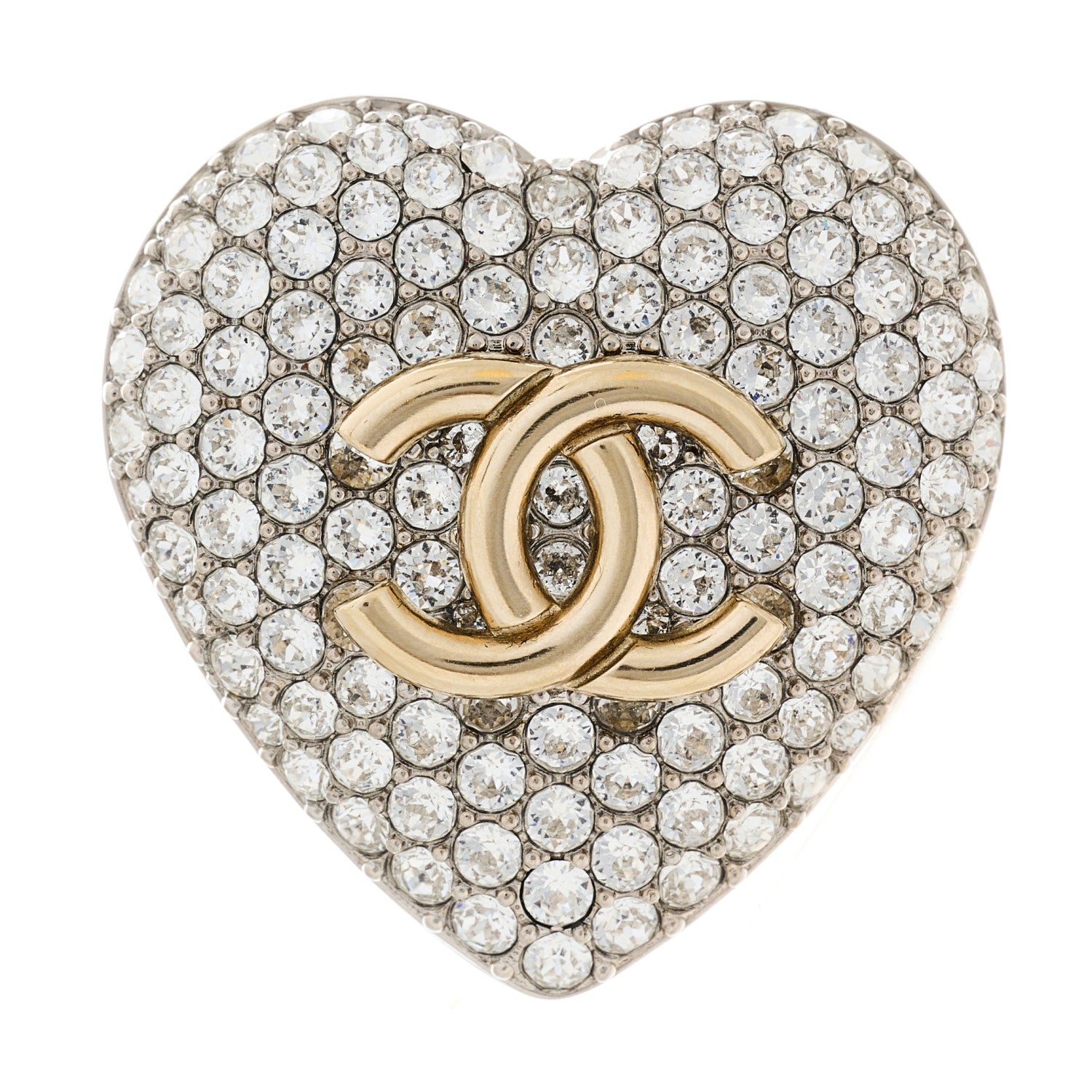 Chanel Crystal CC Heart Brooch Silver Gold 1 of 4