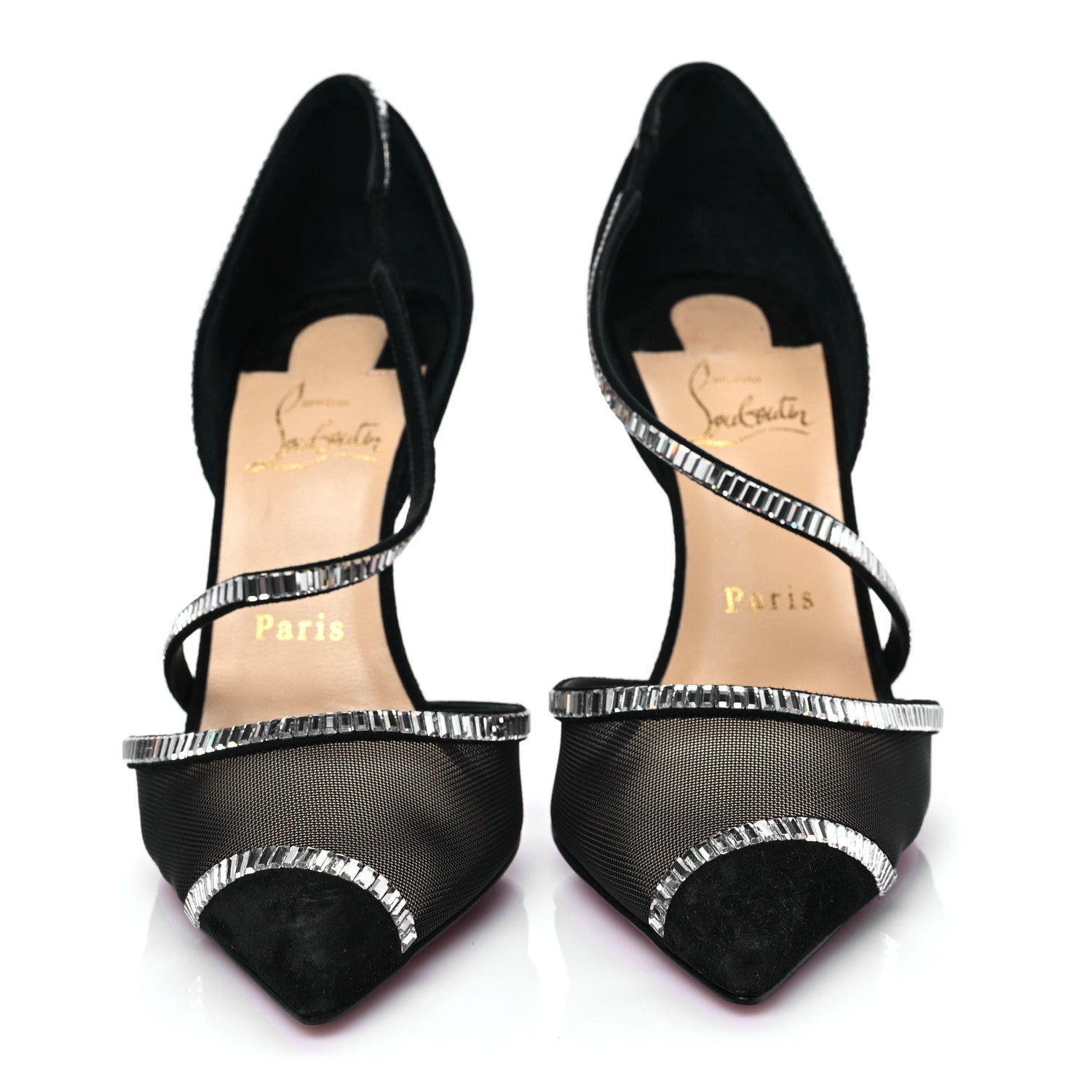 Christian Louboutin Suede Mesh Embellished Crystal Chiara Dams 100 Pumps 37 Black 2 of 8