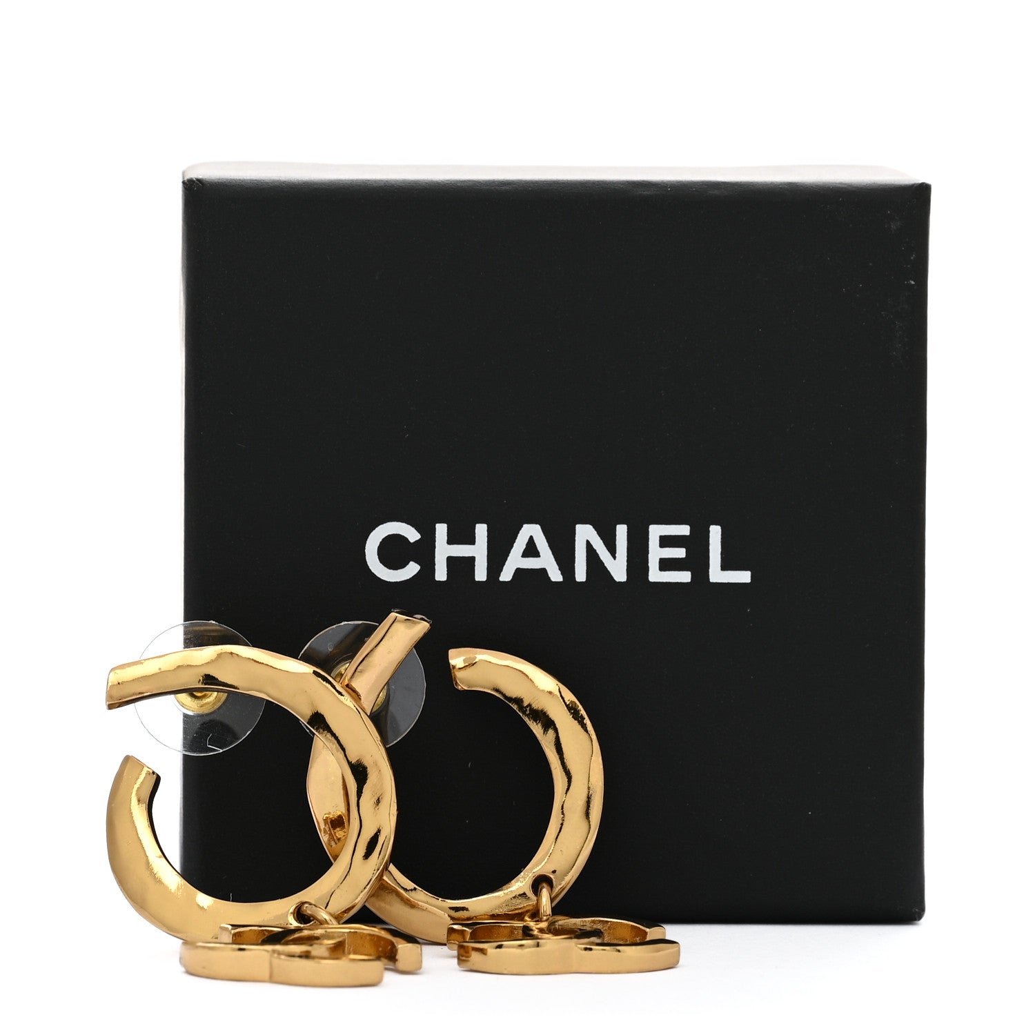 Chanel Metal Textured Hoop Drop CC Earrings Gold 5 of 5