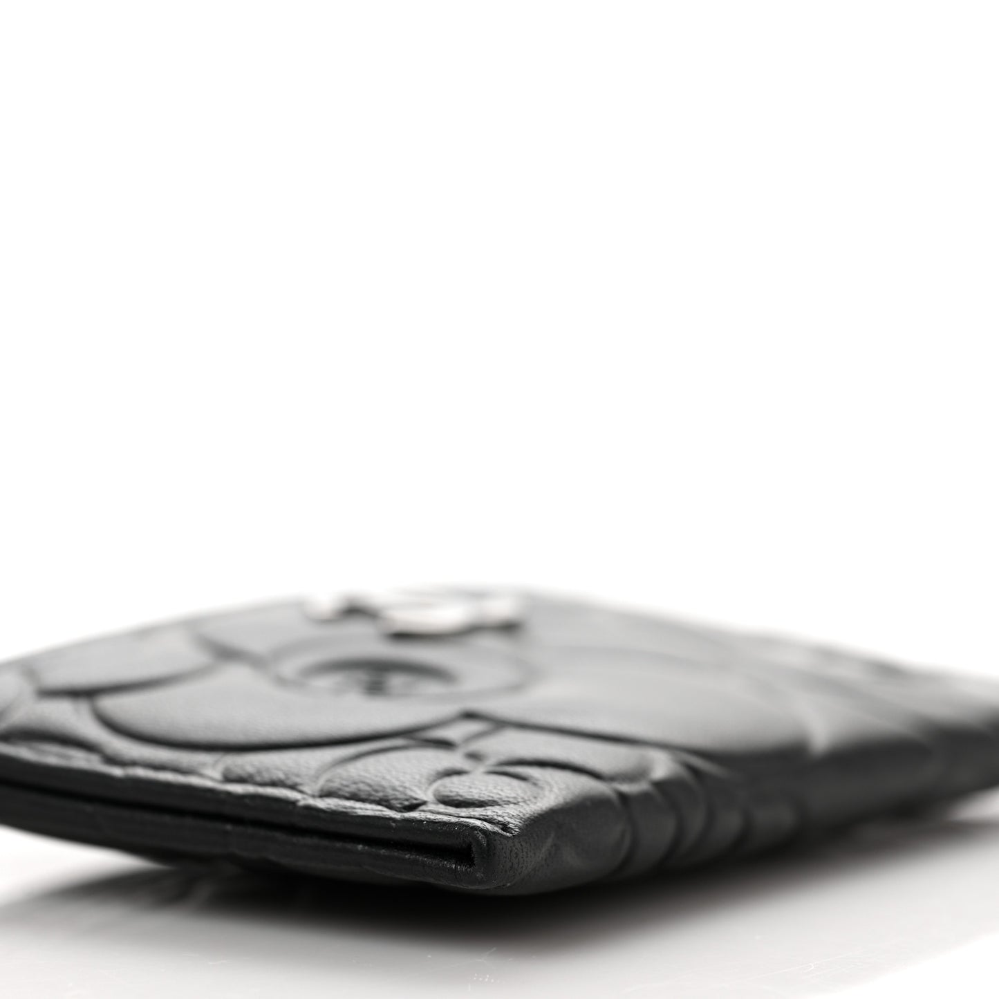 Lambskin Camellia Embossed Card Holder Black