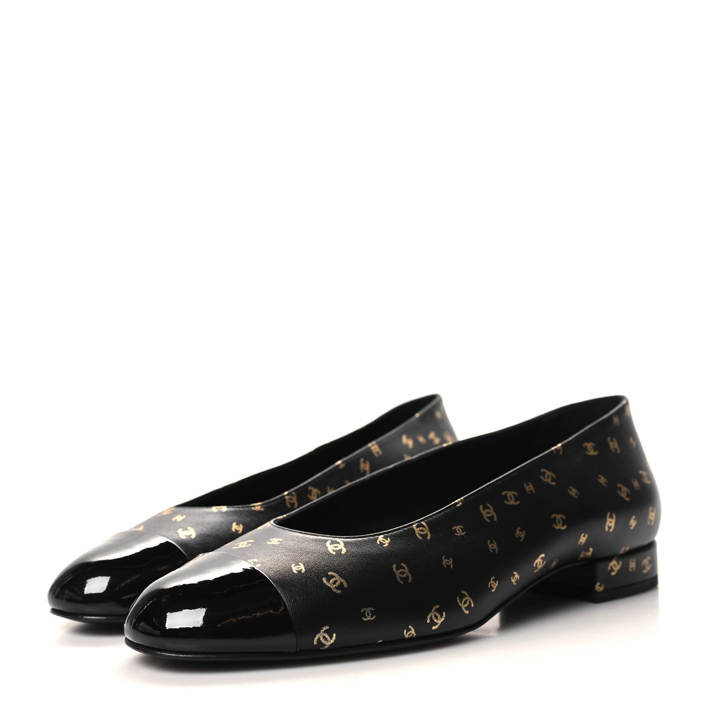Lambskin Patent Calfskin Printed CC Cap Toe Ballerina Flats 38 Black Gold