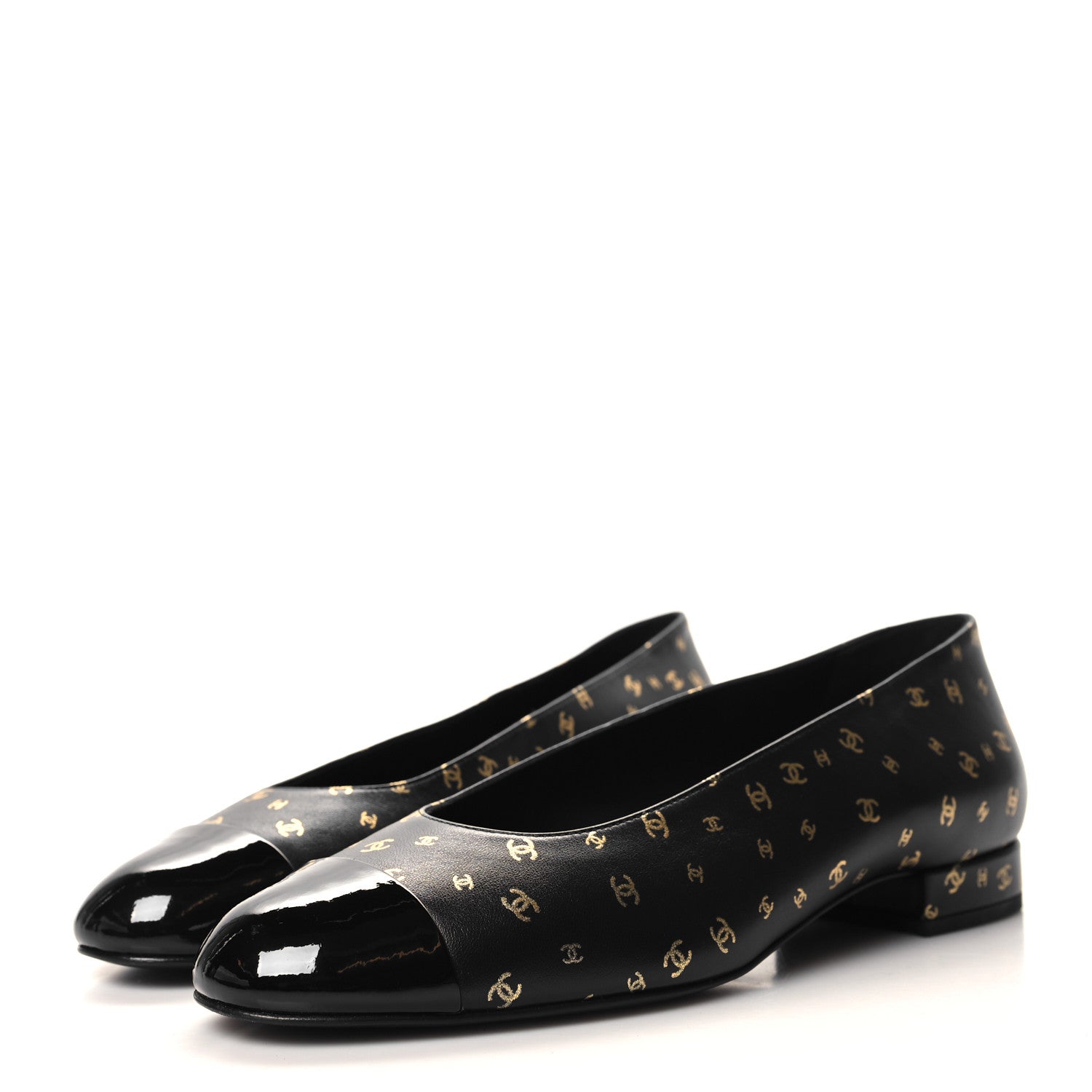 Chanel Lambskin Patent Calfskin Printed CC Cap Toe Ballerina Flats 38 Black Gold 3 of 9