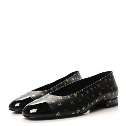 Chanel Lambskin Patent Calfskin Printed CC Cap Toe Ballerina Flats 38 Black Gold 3 of 9