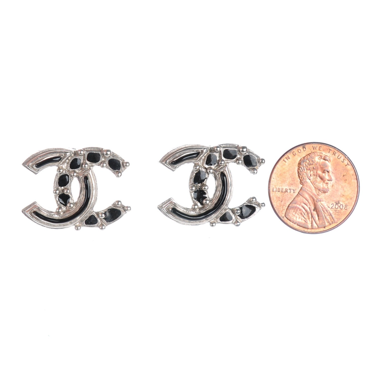 Chanel Enamel CC Earrings Black Silver 2 of 5