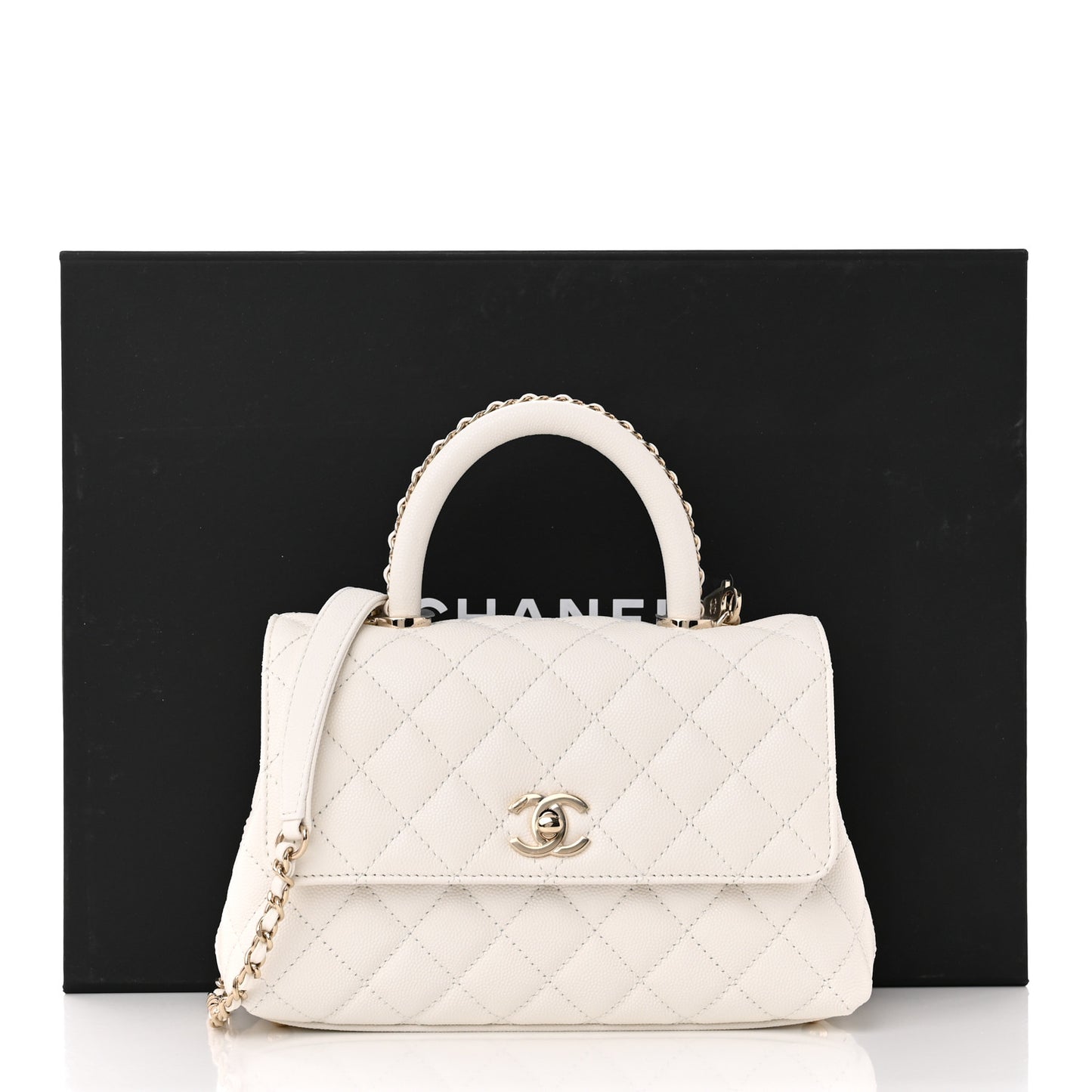 Caviar Quilted Mini Coco Chain Handle Flap White