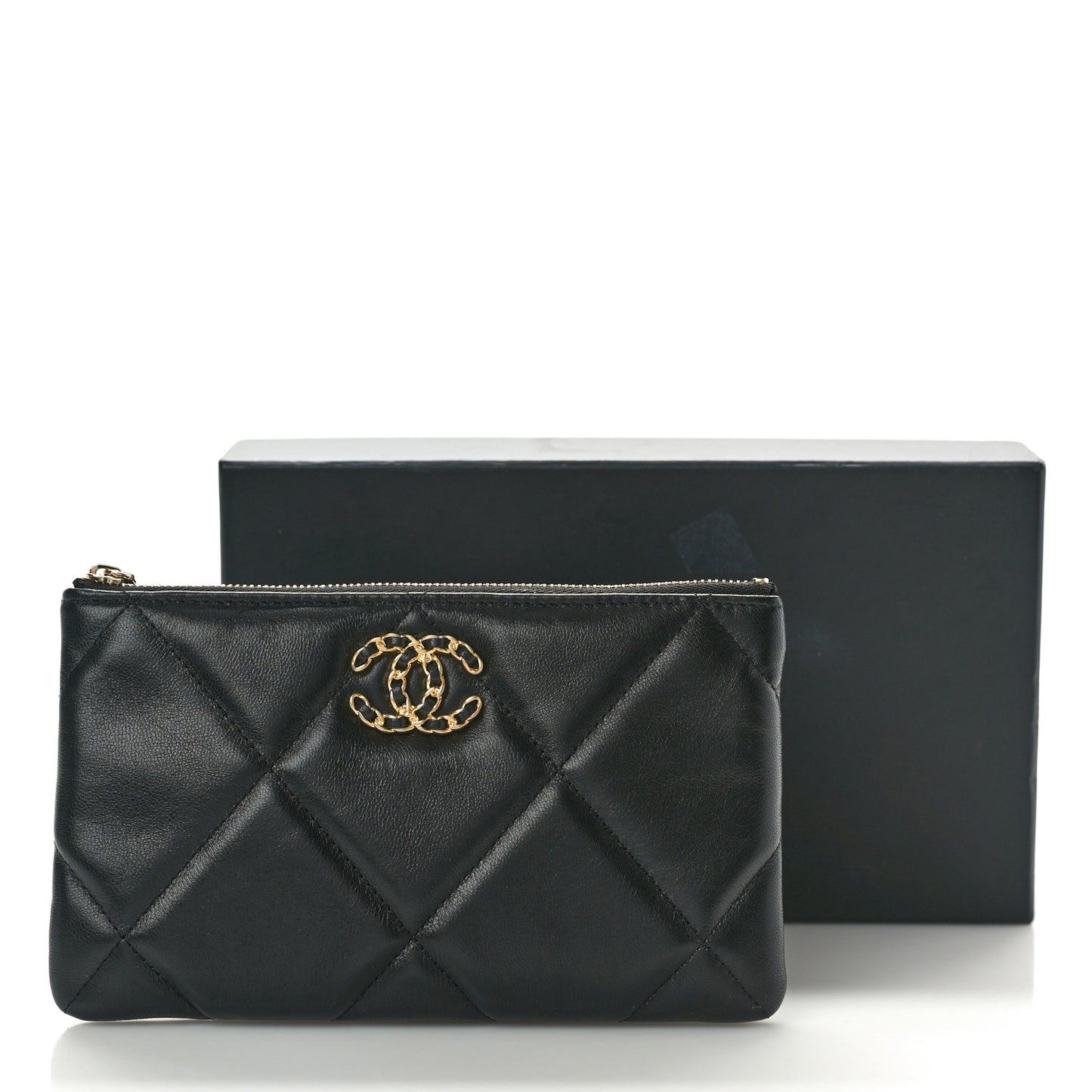 Shiny Goatskin Quilted Small Chanel 19 Pouch Black