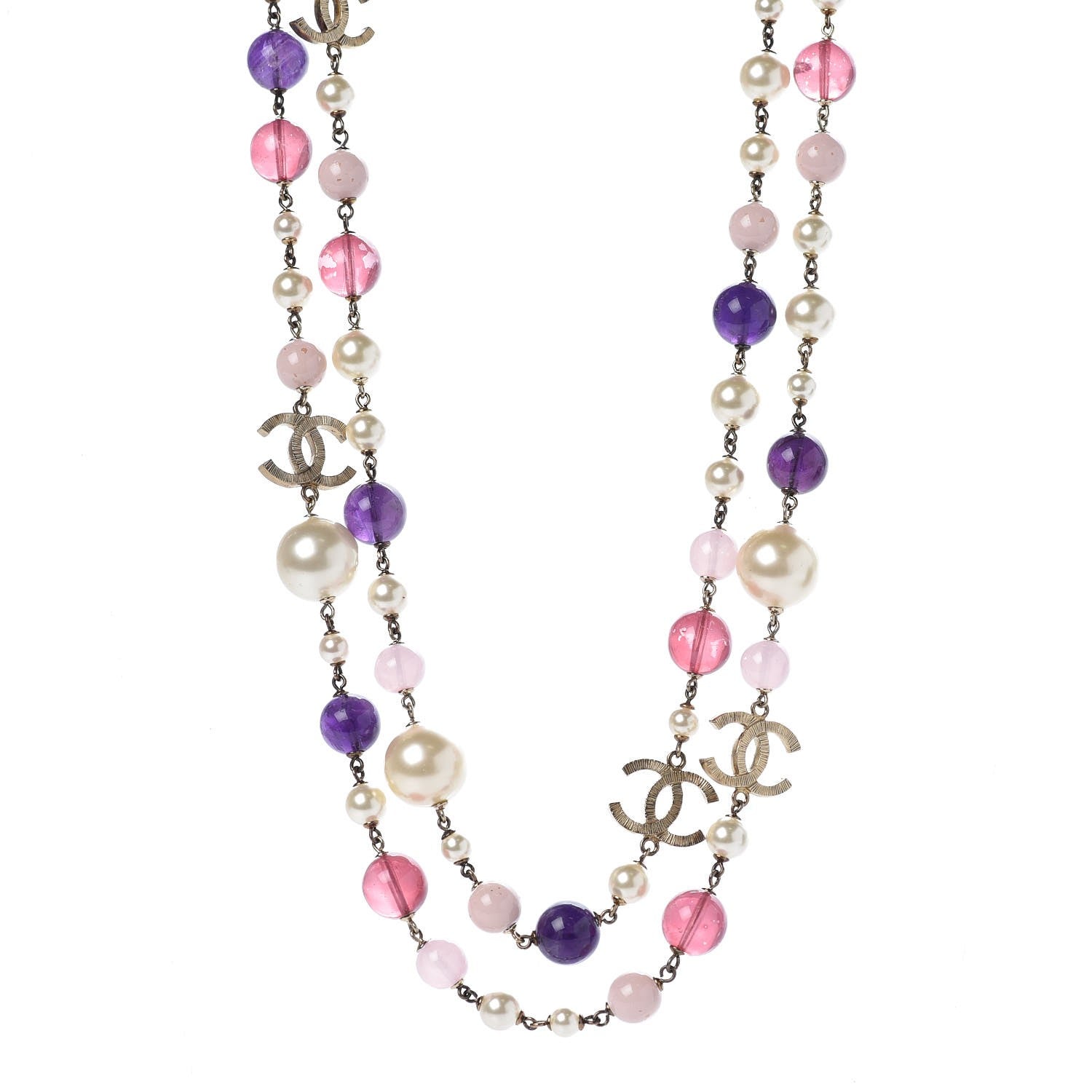 Chanel Pearl Beaded CC Long Necklace Pink Gold 1 of 5